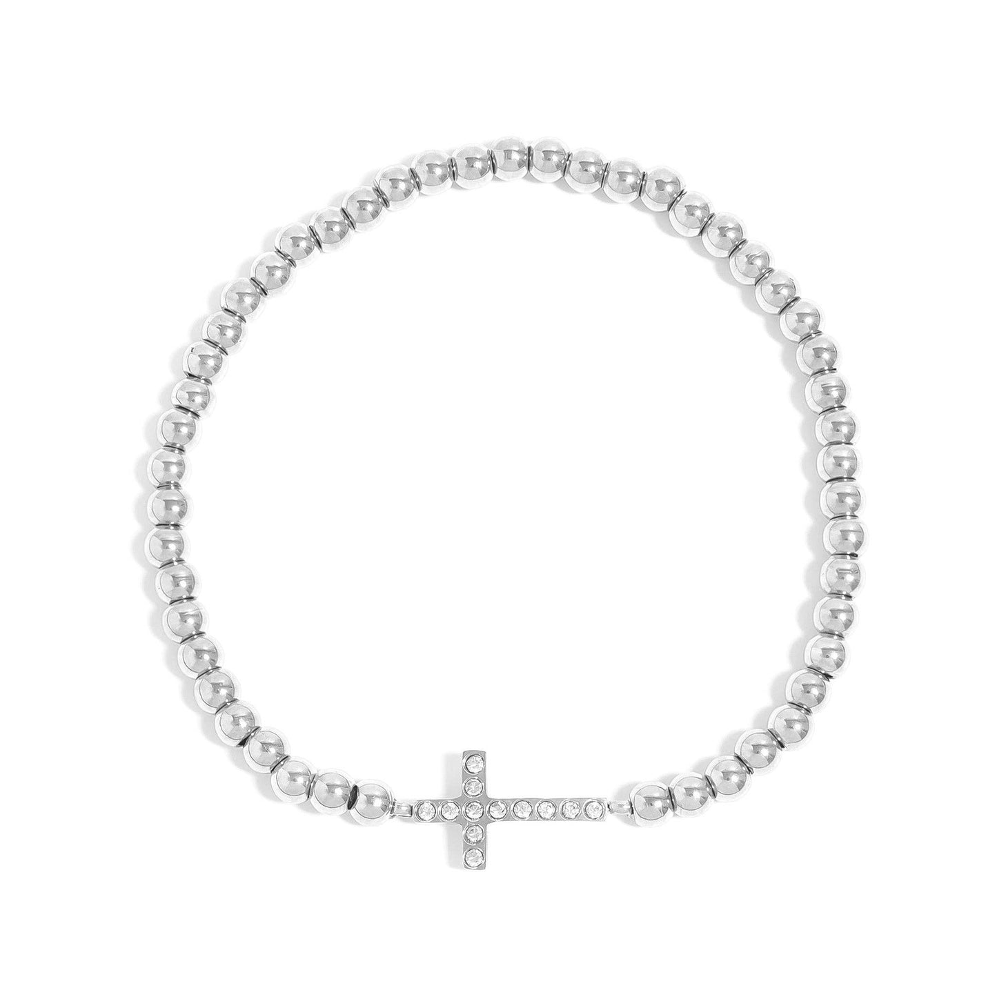 18K Gold PVD CZ Cross Beaded Stretch Bracelet