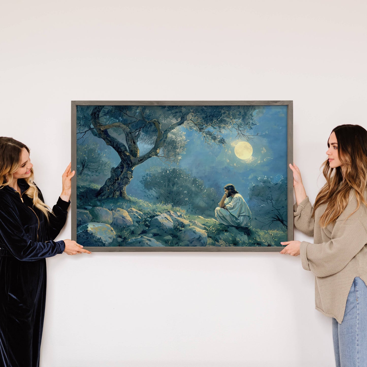 Jesus in Gethsemane Moonlight Framed Canvas Art