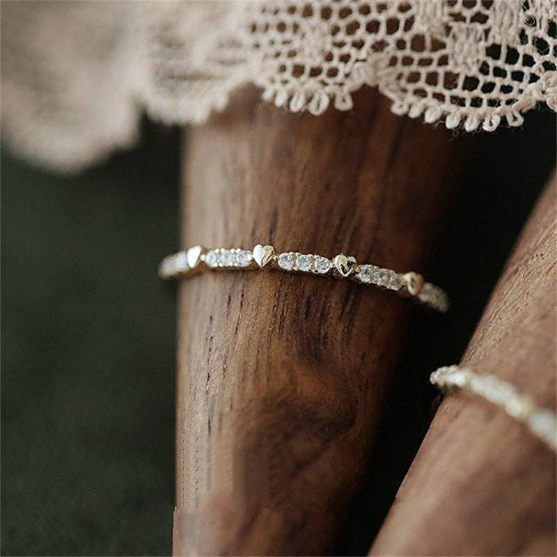Heart Pave Setting Thin Stacking Ring in 925 Sterling Silver