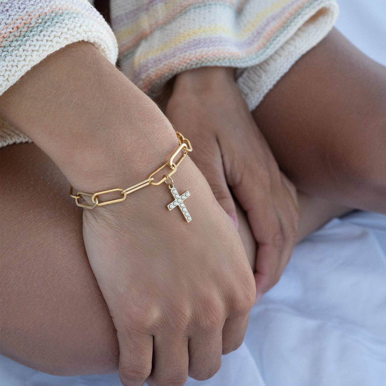 18K Gold PVD Stainless Steel Pearl Beaded Cross Charm