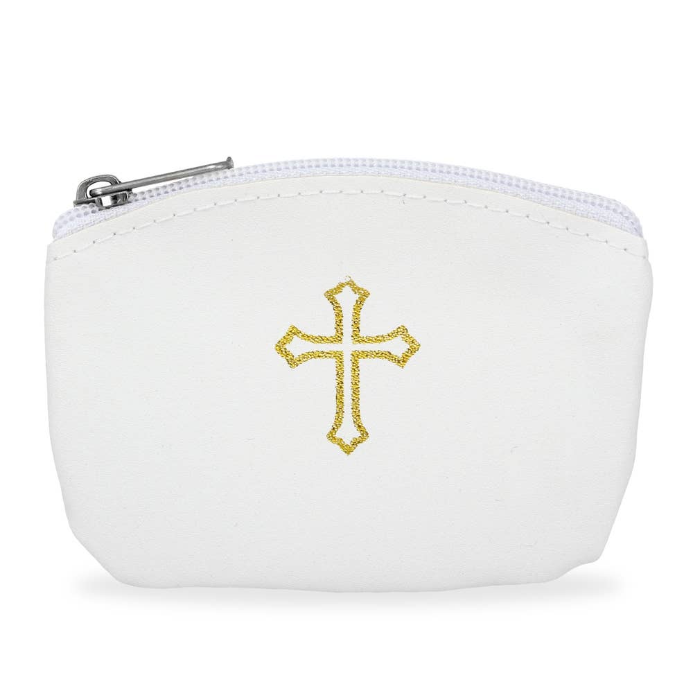 White  Rosary Case with Zipper and Gold Cross Imprint
