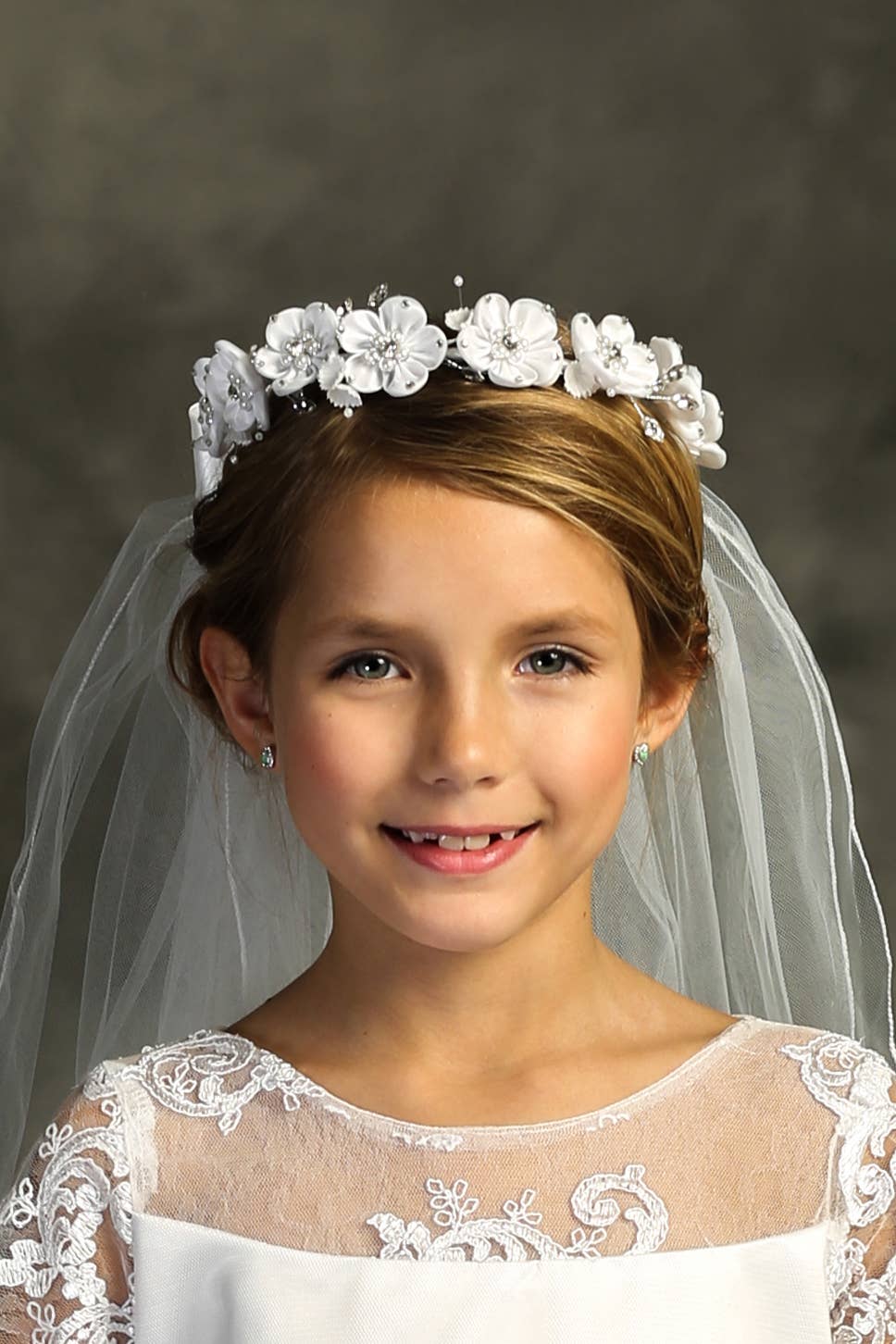Flower Crown Veil with White Faux Flowers & Rhinestone