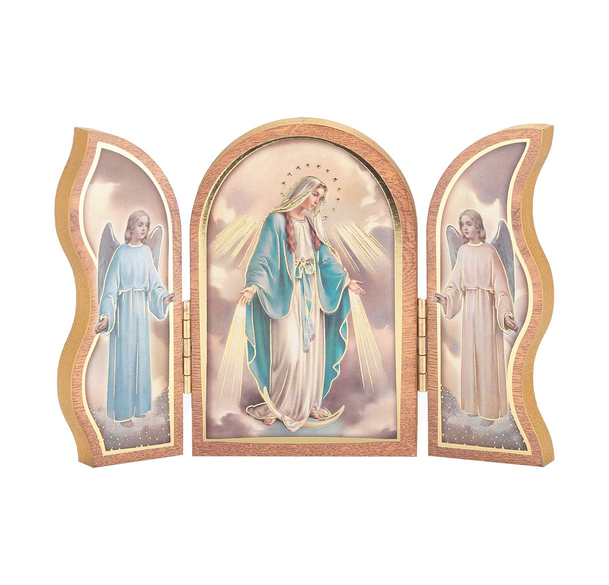 Our Lady of Grace Standing Natural Wood Triptych