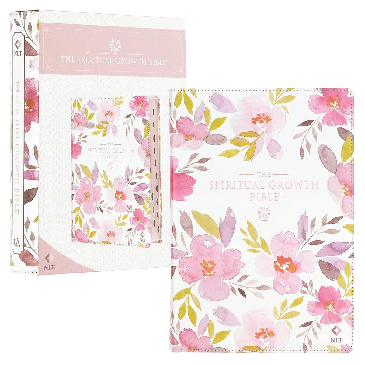 The Spiritual Growth Bible, Study Bible, NLT - New Living Translation Holy Bible, Faux Leather, Pearlescent Pink Floral