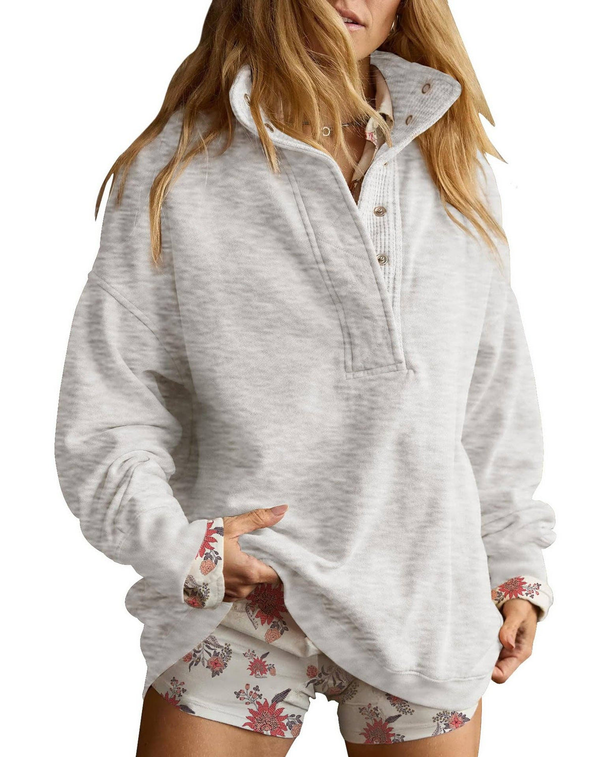 Solid Fleece Sweatshirt Casual Oversized Snap Collar