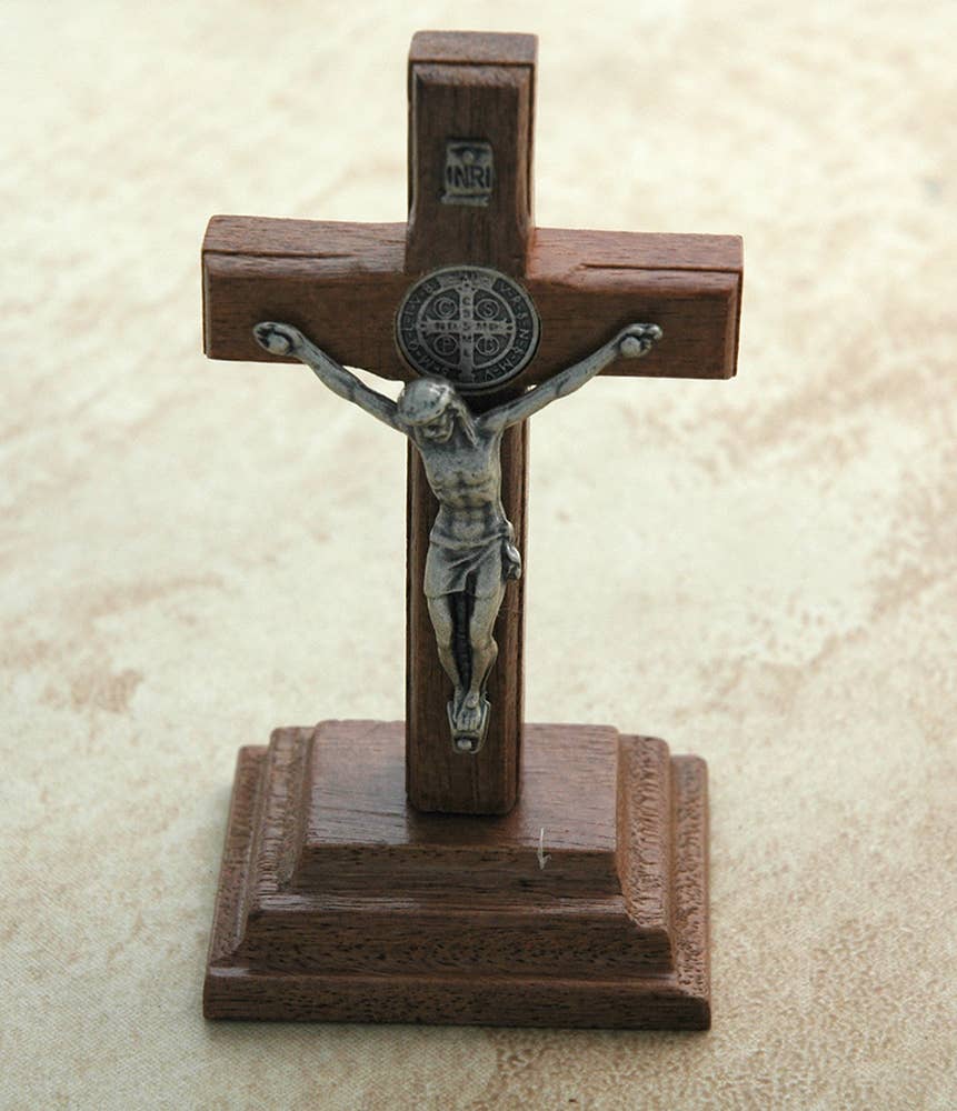 BA68411 - Silver Brazilian Benedict Wood Crucifix with Stand
