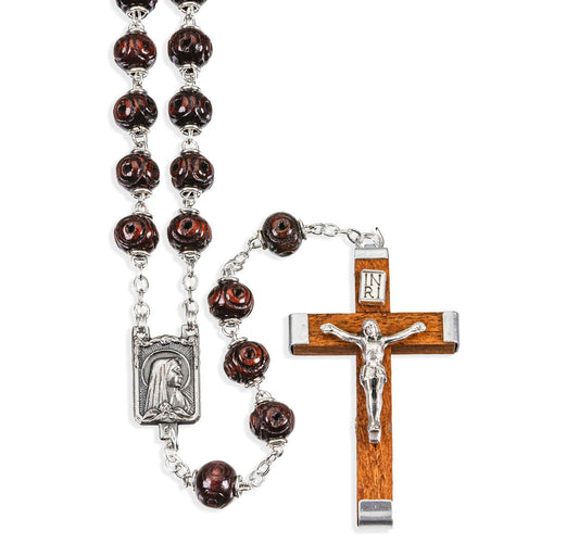 Maroon Carved Wood Bead Rosary