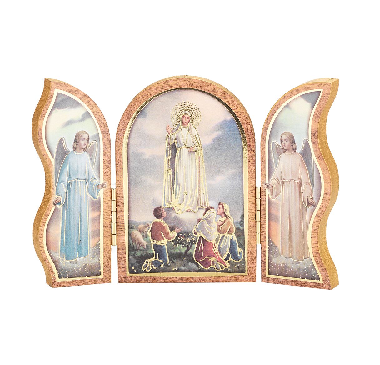 Our Lady of Fatima Standing Natural Wood Triptych