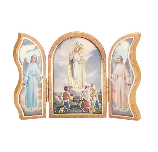 Our Lady of Fatima Standing Natural Wood Triptych