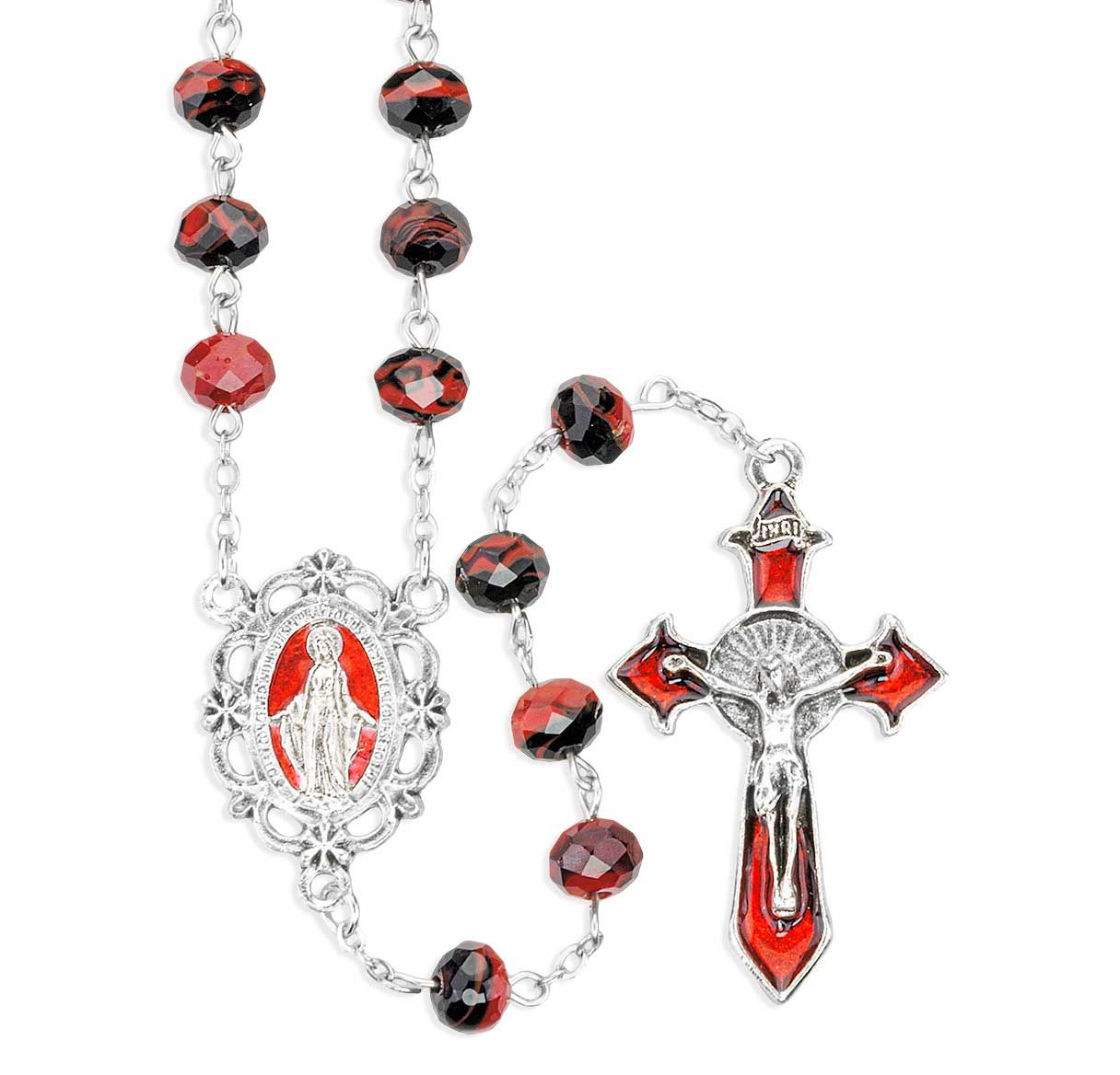Red and Black Murano Style Glass Bead Rosary with Red Epoxied Center and Crucifix, Boxed