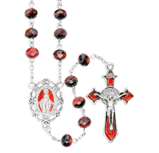 Red and Black Murano Style Glass Bead Rosary with Red Epoxied Center and Crucifix, Boxed