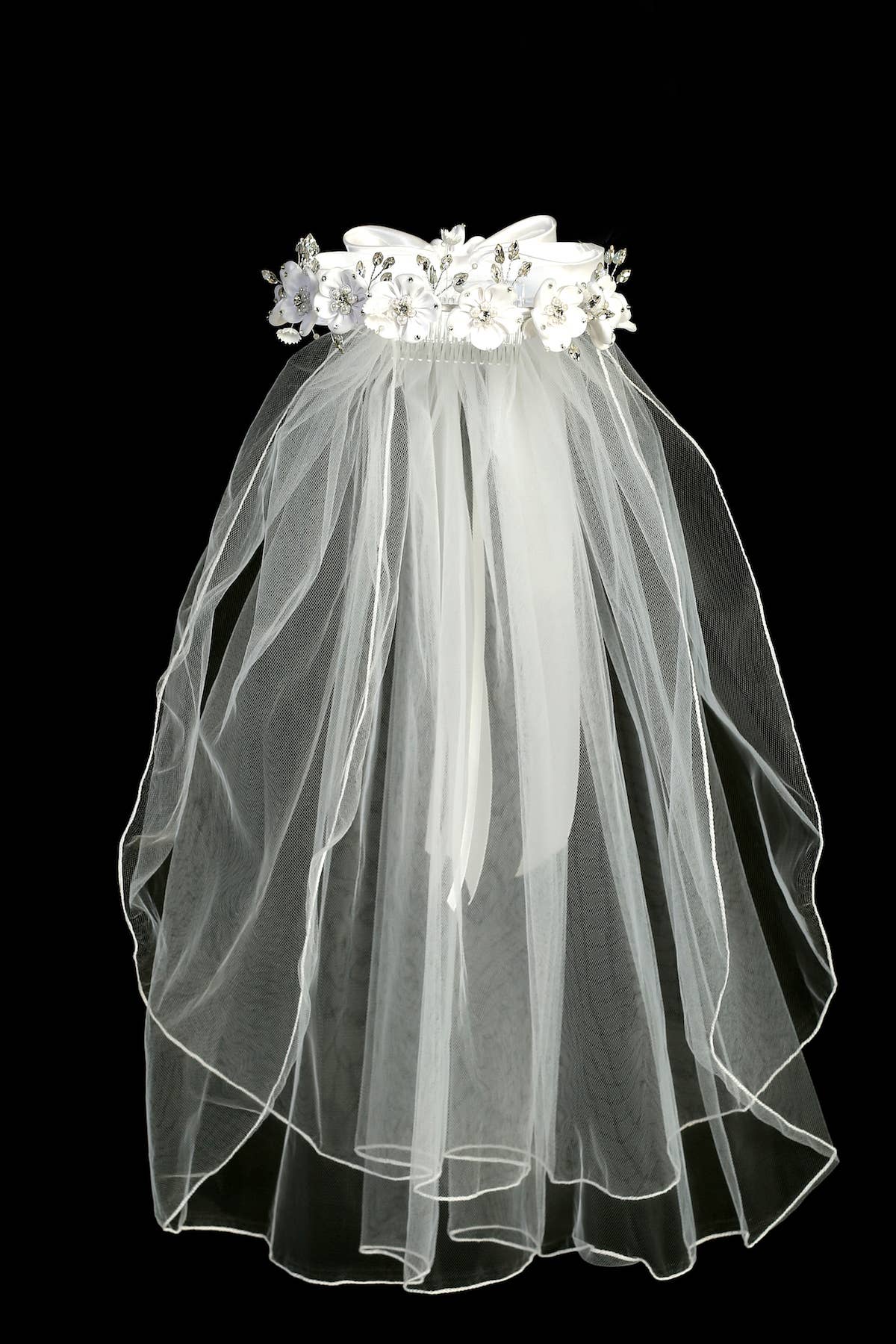 Flower Crown Veil with White Faux Flowers & Rhinestone