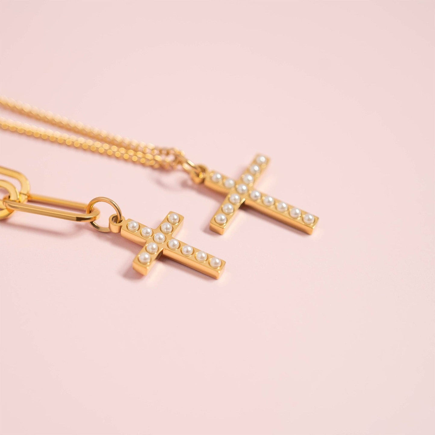 18K Gold PVD Stainless Steel Pearl Beaded Cross Charm