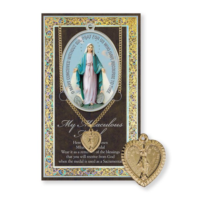 Miraculous -Heart Shaped Gold Plated Medal on a 18" Chain with Biography and Picture Folder
