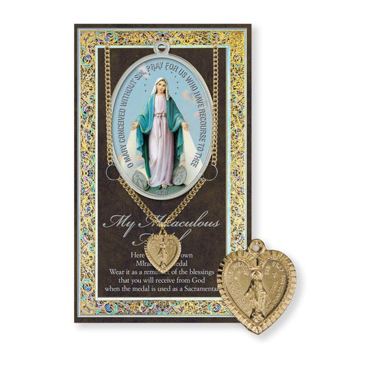 Miraculous -Heart Shaped Gold Plated Medal on a 18" Chain with Biography and Picture Folder