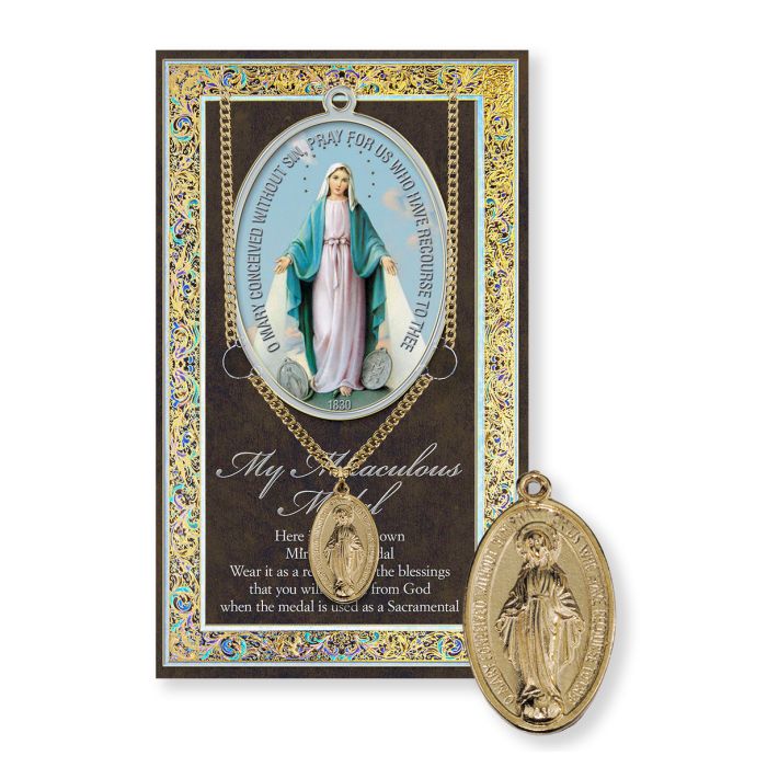 Miraculous - Oval Gold Plated Medal on a 24" Chain with Biography and Picture Folder