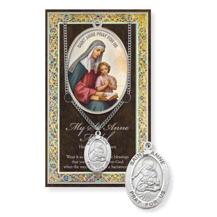 Saint Anne Genuine Pewter Medal on a 18" Chain with Biography and Picture Folder
