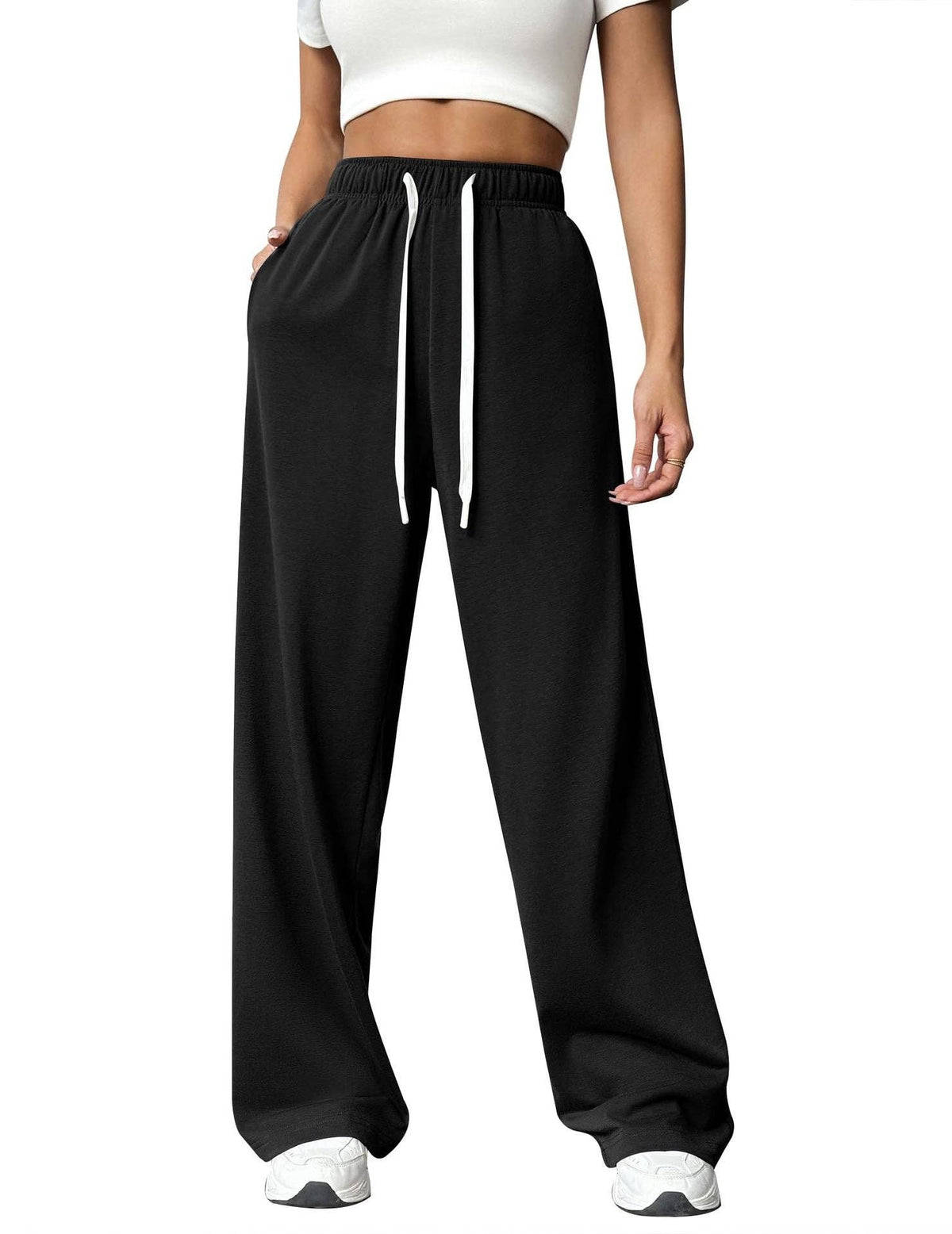 Solid Knit Wide Leg Pants Casual Drawstring Lounge