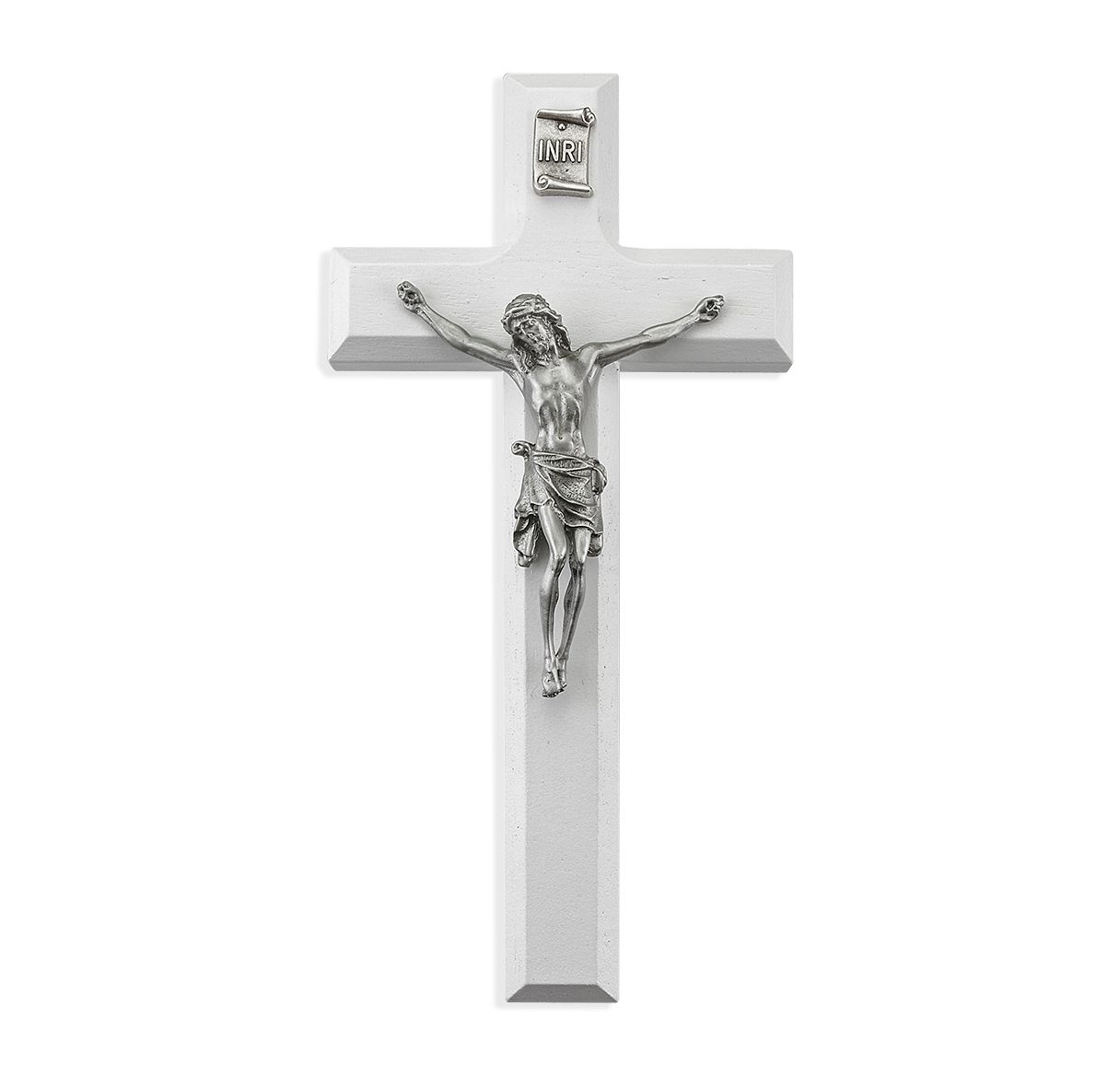 7" White Wood Crucifix with Pewter