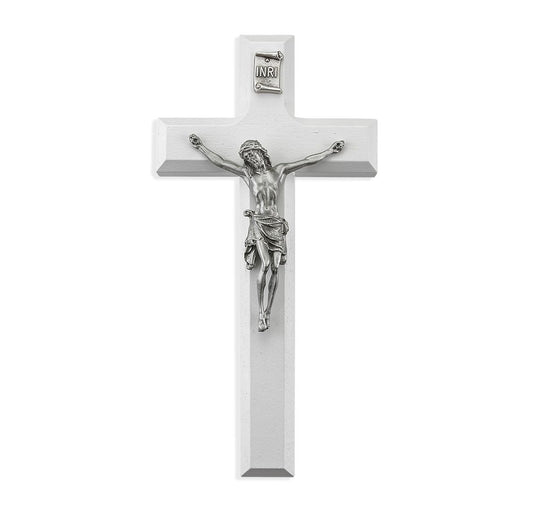 7" White Wood Crucifix with Pewter