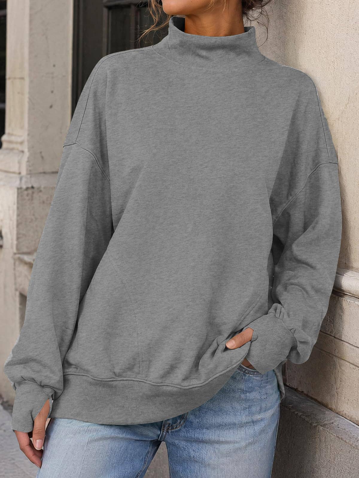 Mock Neck Oversized Womens Sweatshirt Solid Pullover Top