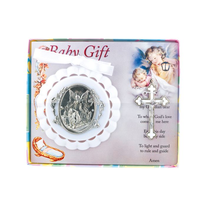 White Crib Medal with Crucifix