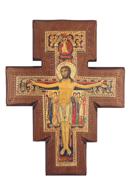 San Damian Cross on Walnut Stained Border 11.5"
