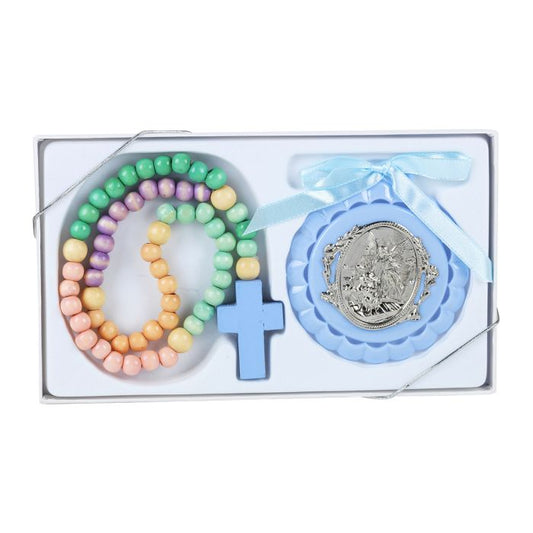 Blue Crib Medal with Wooden Rosary