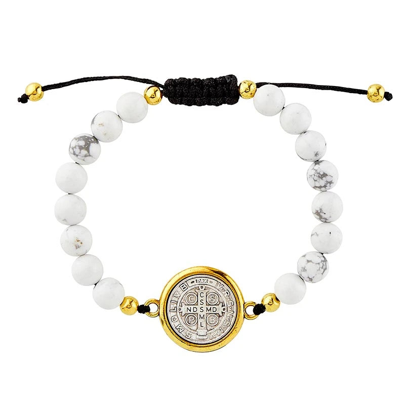 Saint Benedict Bracelet 8mm White Marbled Beads