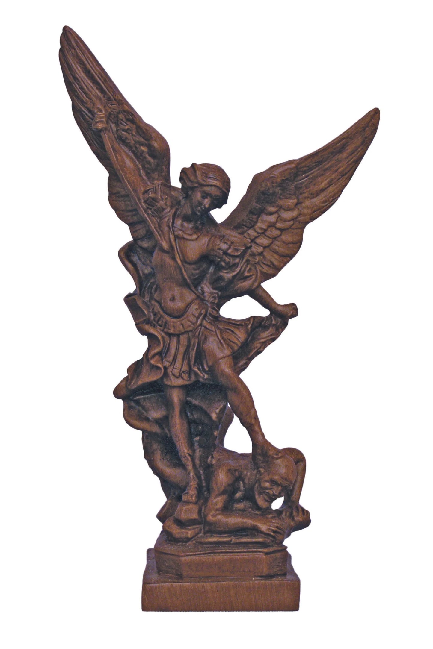 St. Michael in a dark brown woodtone alabaster & resin 8.5"