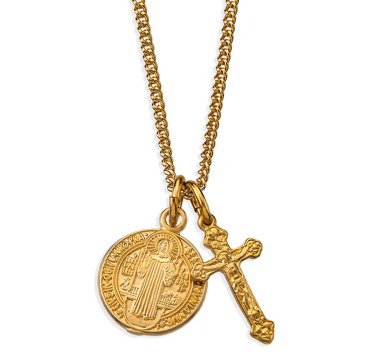 Gold Over Sterling Silver Saint Benedict Medal 18" Chain