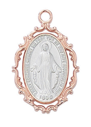 Rose Gold and Sterling Silver Miraculous Medal 18" Chain