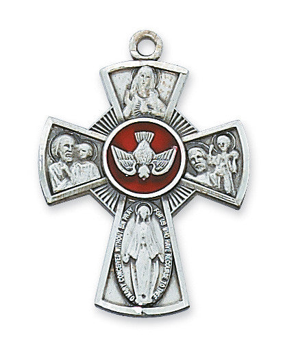 Sterling Silver 4-Way Cross with Red Epoxy 24" Chain