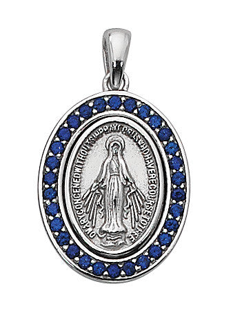 Sterling Silver Miraculous Medal with Blue Stones 18" chain