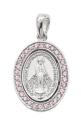 Sterling Silver Miraculous Medal with Pink Stones 18" chain