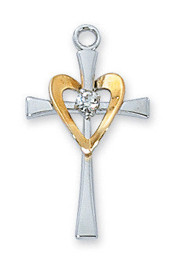 Sterling Silver Cross with Gold Heart 18" Chain