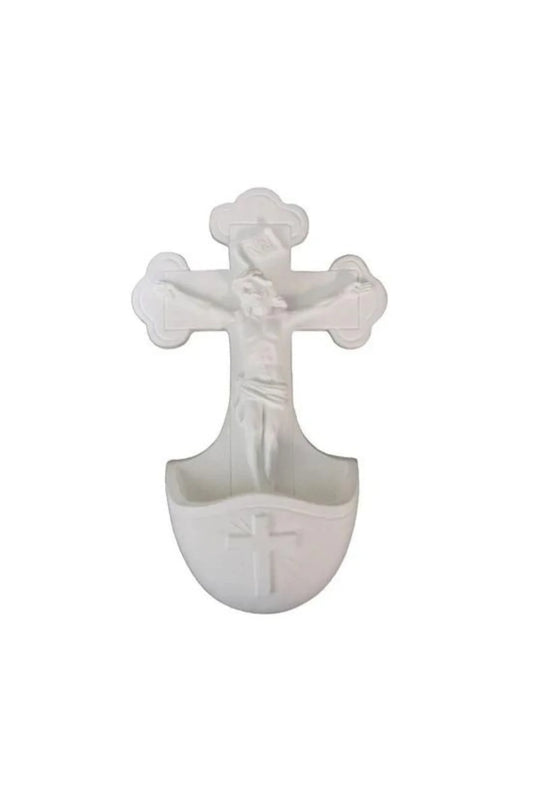 Crucifixion holy water font in white alabaster & resin 5.5"