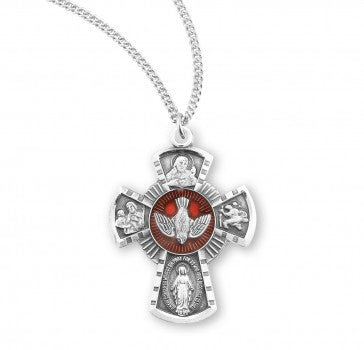 Sterling Silver Holy Spirit 4-Way Medal 18" Chain - Red Epoxy
