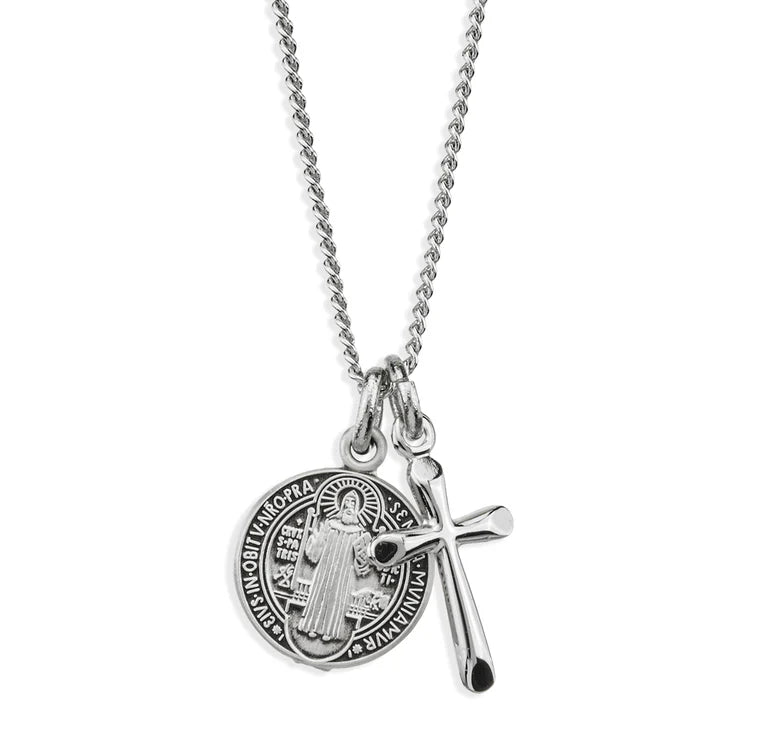 Sterling Silver Benedict Medal and Crucifix 18" Chain