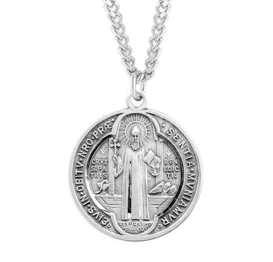 Sterling Silver Large Saint Benedict Medal 24" Chain