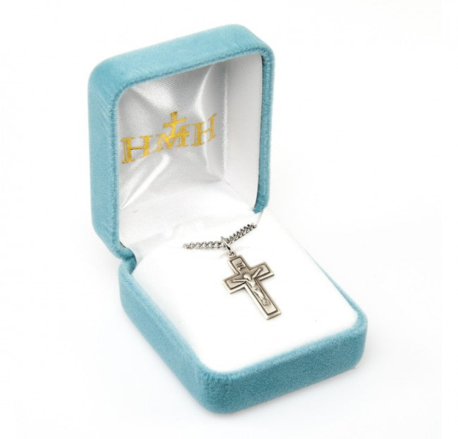 Sterling Silver Small Wide Crucifix w/Border 18" Chain