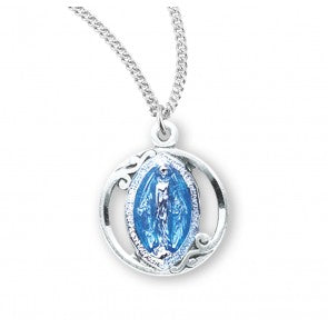 Sterling Silver Blue Enameled Miraculous Medal 18" Chain