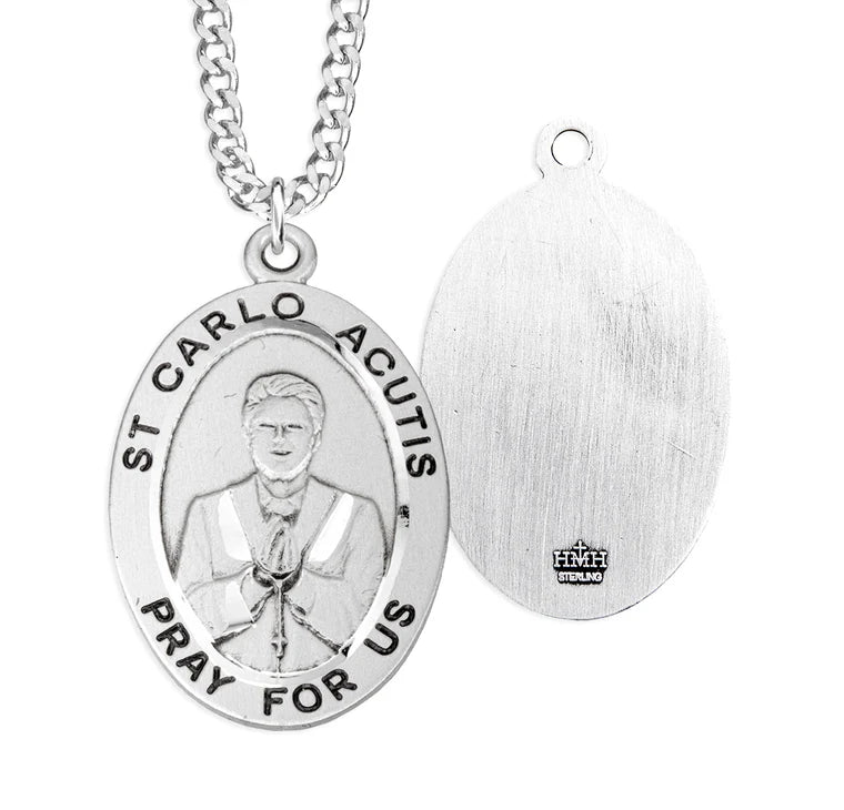 Sterling Silver Large Saint Carlo Acutis Medal 24" Chain