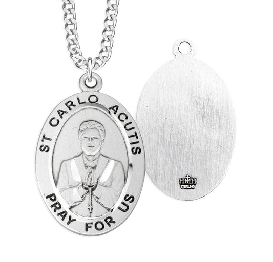 Sterling Silver Large Saint Carlo Acutis Medal 24" Chain