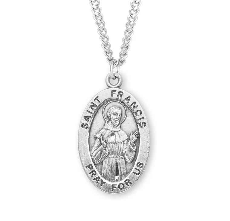 Sterling Silver Large Saint Francis Medal 24" Chain