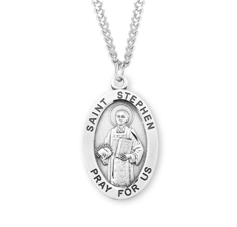 Sterling Silver Large Saint Stephen Medal 24" Chain