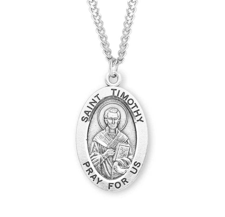 Sterling Silver Large Saint Timothy Medal 24" Chain