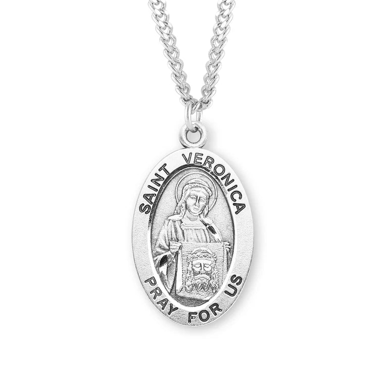 Sterling Silver Large Saint Veronica Medal 24" Chain