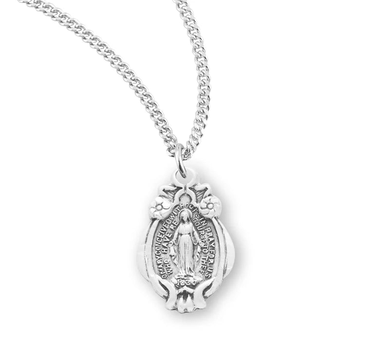 Sterling Silver Fancy Floral Miraculous Medal 18" Chain
