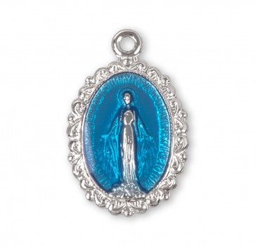Sterling Silver Oval Blue Enameled Miraculous Medal